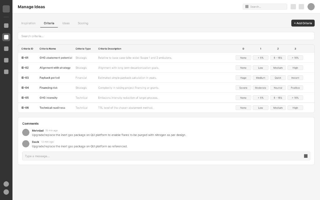 Manage ideas criteria wireframe